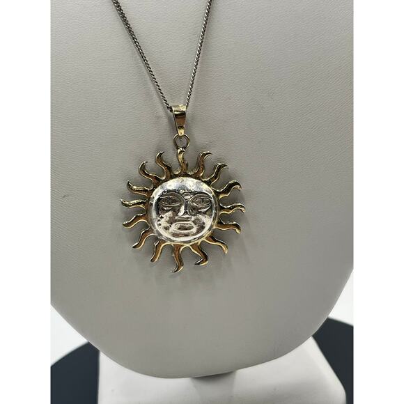 Mexico Vintage Handmade Sterling and Gold Sun Face Two Tone Pendant Necklace - Picture 2 of 13